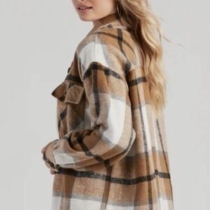 SHEIN Tan and White Plaid Utility Jacket